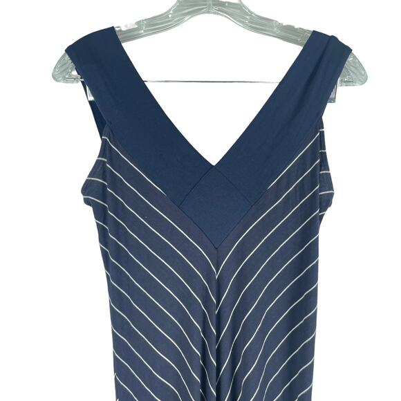 Comfy USA Striped V Neck Maxi Dress Soft Jersey Navy Blue - Picture 2 of 8